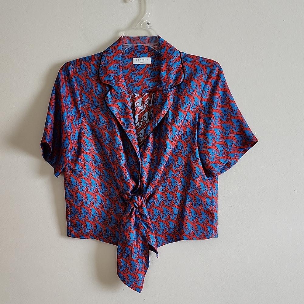 Sandro Paris Cary Cat Blouse Blue Red Women Top Front Tie Cropped Style 1 Small